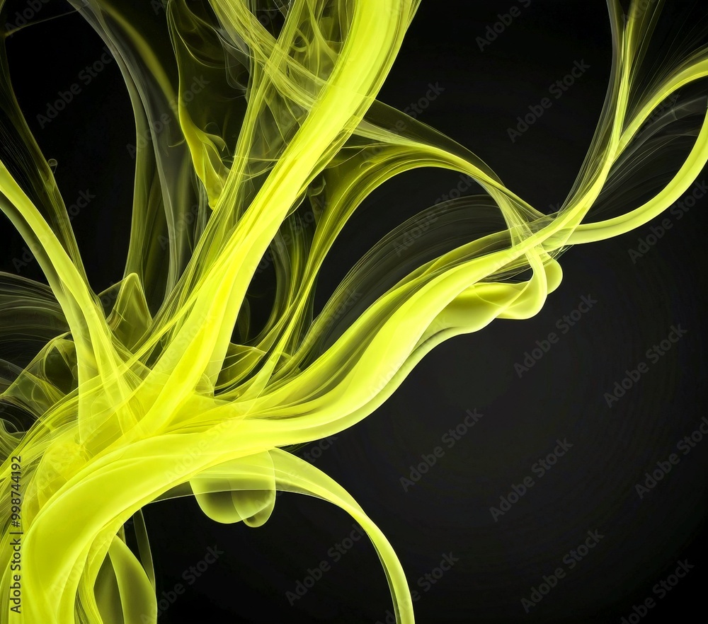 Poster a striking abstract composition of yellow smoke or vapor against a black background The smoke or vapor appears to be swirling and twisting in a dynamic and organic