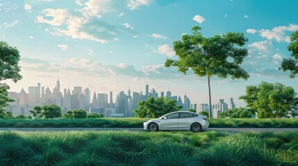 A sleek white car parked on a road near a vibrant green landscape with a stunning city skyline in the background under a clear blue sky