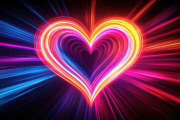 Colorful light rays forming neon heart shape