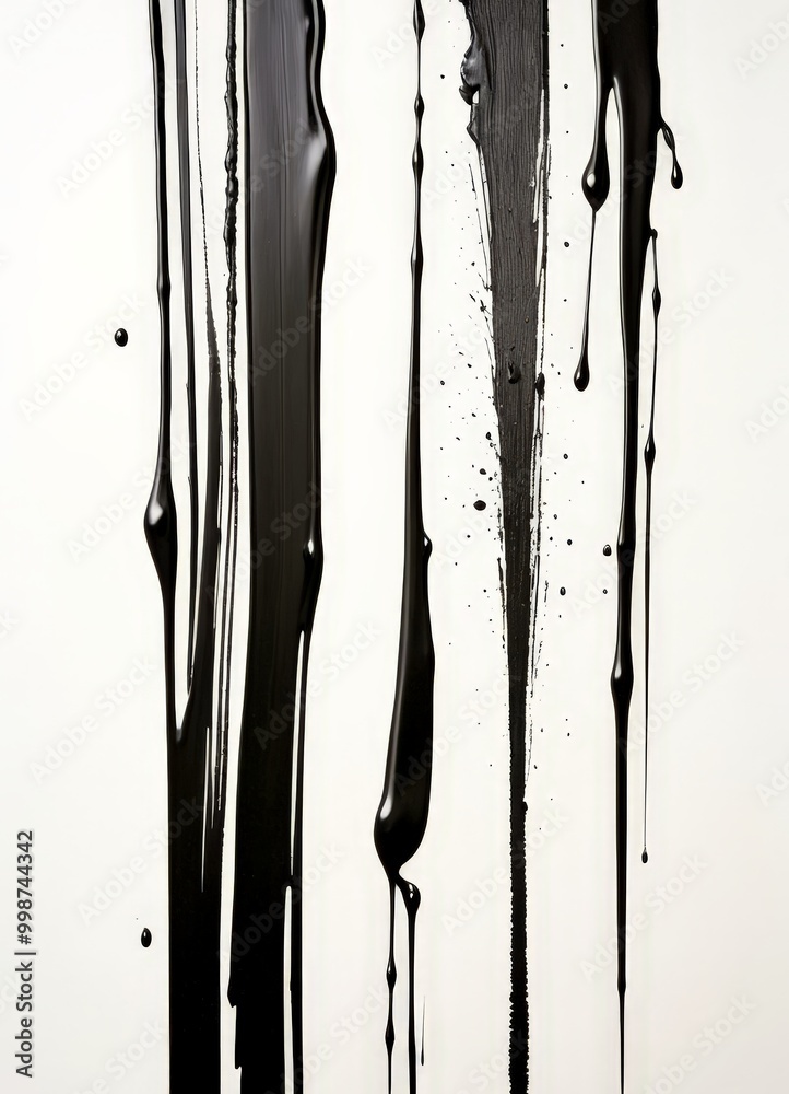 Poster a vertical arrangement of black paint drips against a white background, creating a striking contrast and dynamic visual effect.