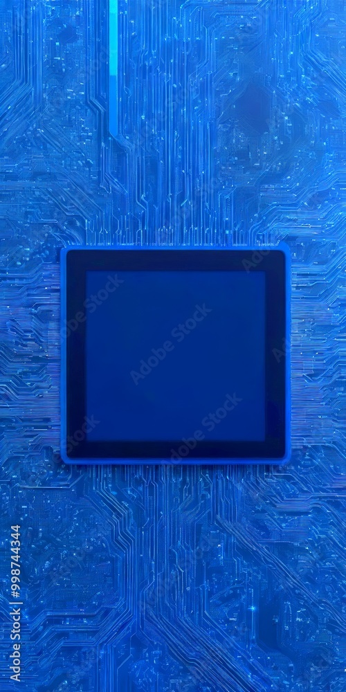 Aufkleber a tablet with a blank screen, set against a backdrop circuit board with intricate blue lines and patterns