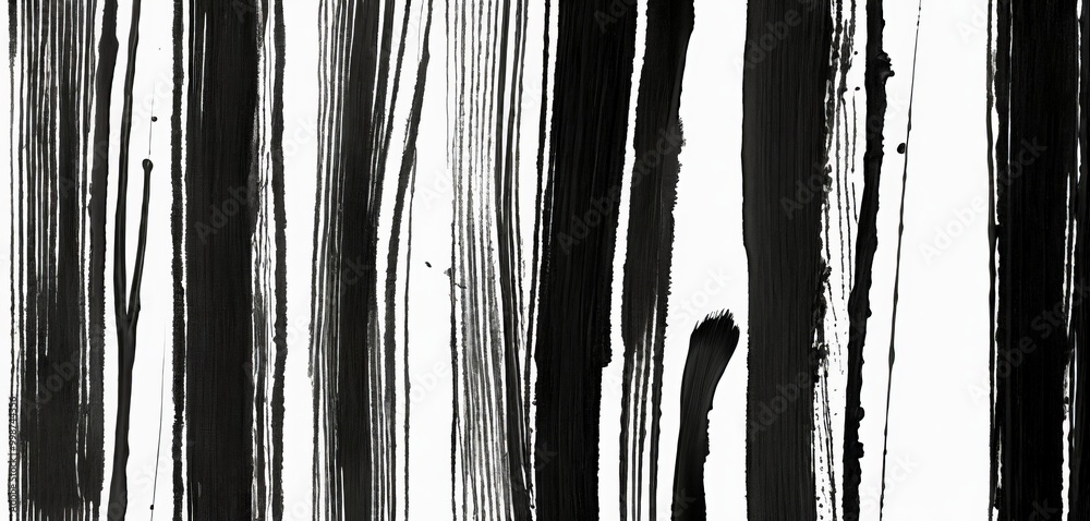 Poster a black and white abstract composition featuring vertical lines and splatters of ink, creating a dynamic and textured visual effect