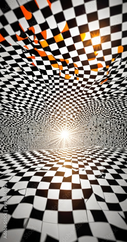 Aufkleber a surreal, optical illusion-like scene with a checkerboard pattern of black and white squares, inter