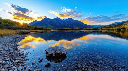 A tranquil lakeside view with mountains in the background and the golden hour light reflecting on the water