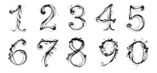 Black smoke numbers cutout set collection. 1 2 3 4 5 6 7 8 9 0. Transparent background PNG.