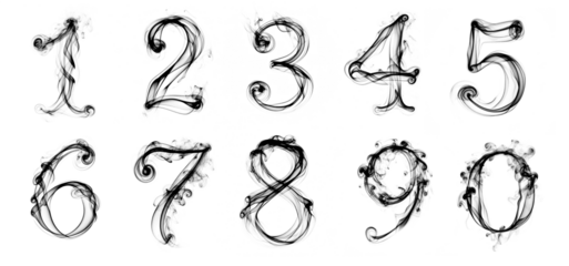 Black smoke numbers cutout set collection. 1 2 3 4 5 6 7 8 9 0. Transparent background PNG.