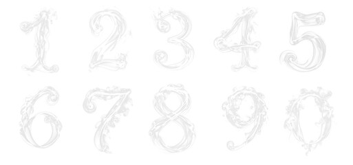 White smoke numbers cutout set collection. 1 2 3 4 5 6 7 8 9 0. Transparent background PNG.