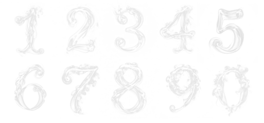 White smoke numbers cutout set collection. 1 2 3 4 5 6 7 8 9 0. Transparent background PNG.