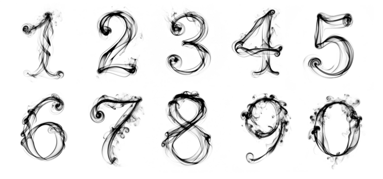 Black smoke numbers cutout set collection. 1 2 3 4 5 6 7 8 9 0. Transparent background PNG. - Powered by Adobe