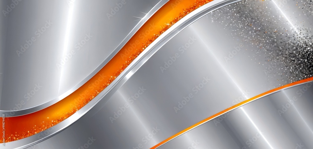 Poster a metallic surface with a wave-like pattern in shades of gray and orange, adorned with small specks of silver glitter