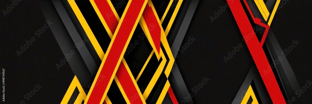 Poster a striking abstract design with intersecting diagonal lines in red, yellow, and black, creating a dynamic and visually captivating composition