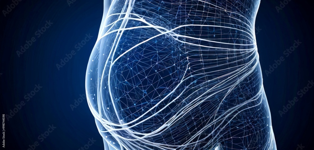 Fototapete a 3d of a human body, with a focus on the lower torso and abdomen. the body is depicted in a wirefra