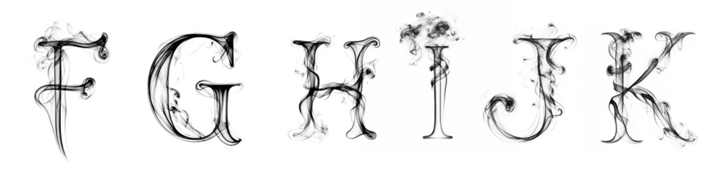 Black smoke alphabet cutout set collection. F G H I J K. Transparent background PNG.