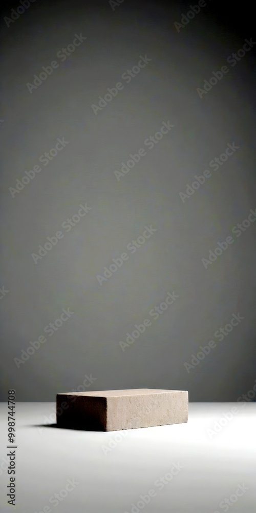 Poster A white rectangular object rests on a white surface against a gray background
