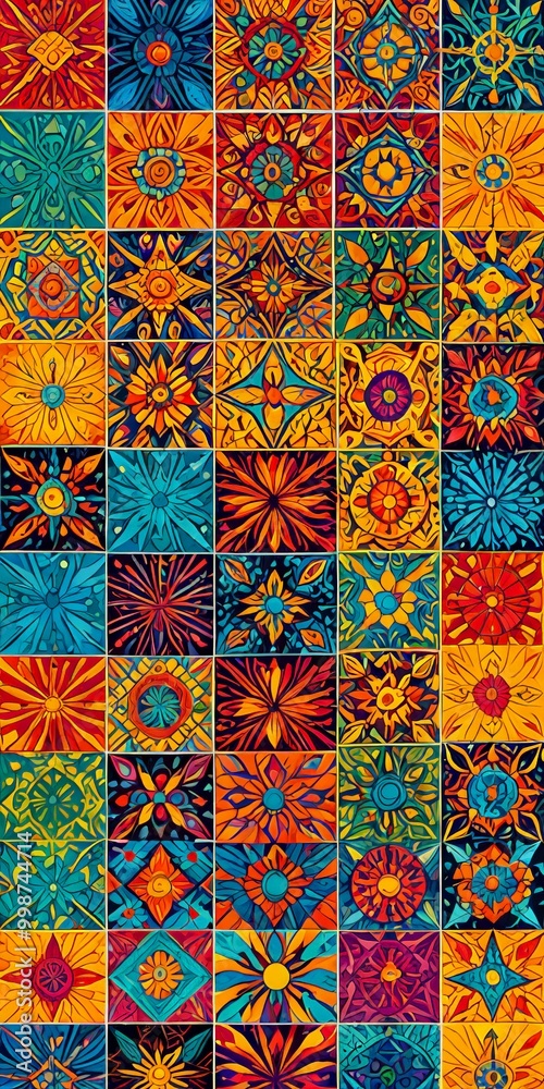 Poster a grid of 24 square tiles, each featuring a unique and vibrant pattern of flowers and geometric shapes in a variety of bright colors, including red, orange,