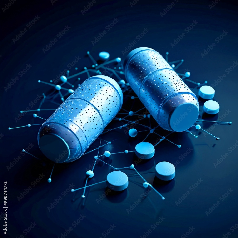 Poster a pair of blue capsules with a network of interconnected lines and dots, suggesting a digital or technological theme