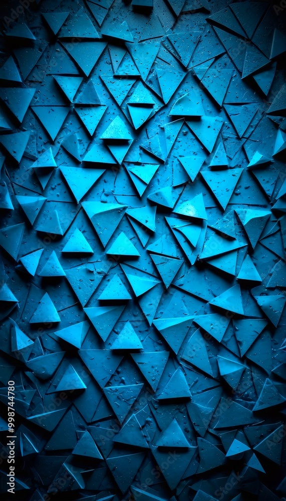 Poster a dark blue background with numerous triangular shapes arranged in a grid-like pattern, creating a visually striking and abstract composition
