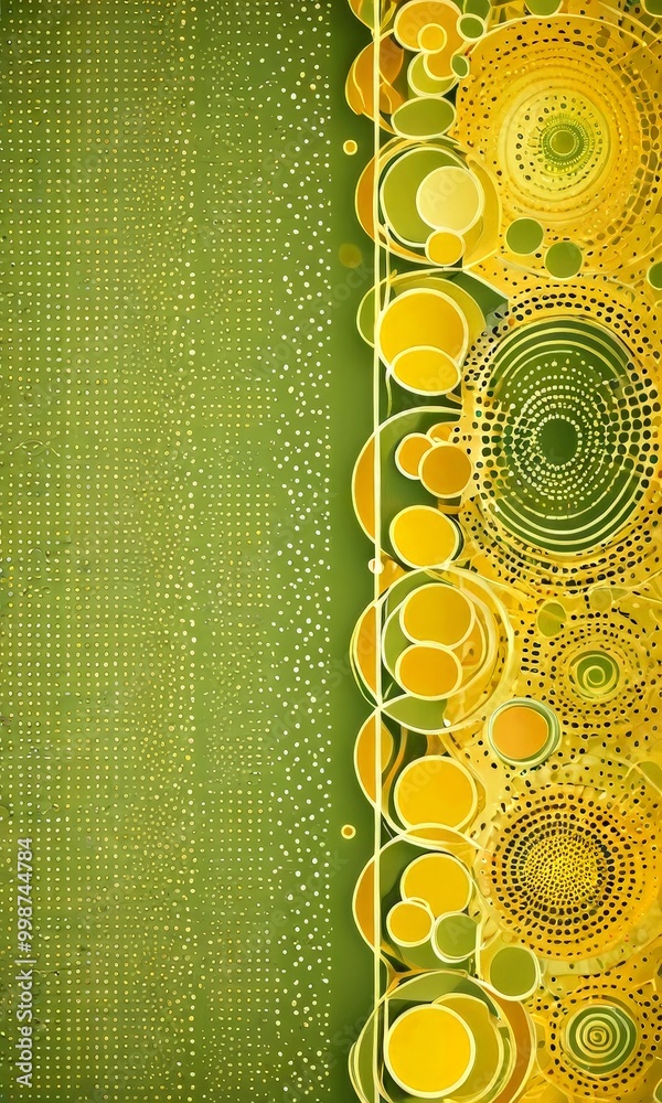 Poster a vibrant abstract design with a green background adorned with white dots and lines, and a yellow and green border with concentric circles and lines