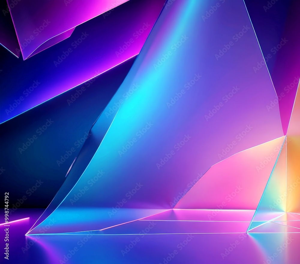 Poster a vibrant abstract composition of intersecting lines and shapes in various shades of blue, purple, and pink, creating a dynamic and visually striking scene.
