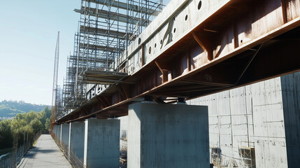 Fototapeta premium Steel beams and scaffolding at a bridge under construction