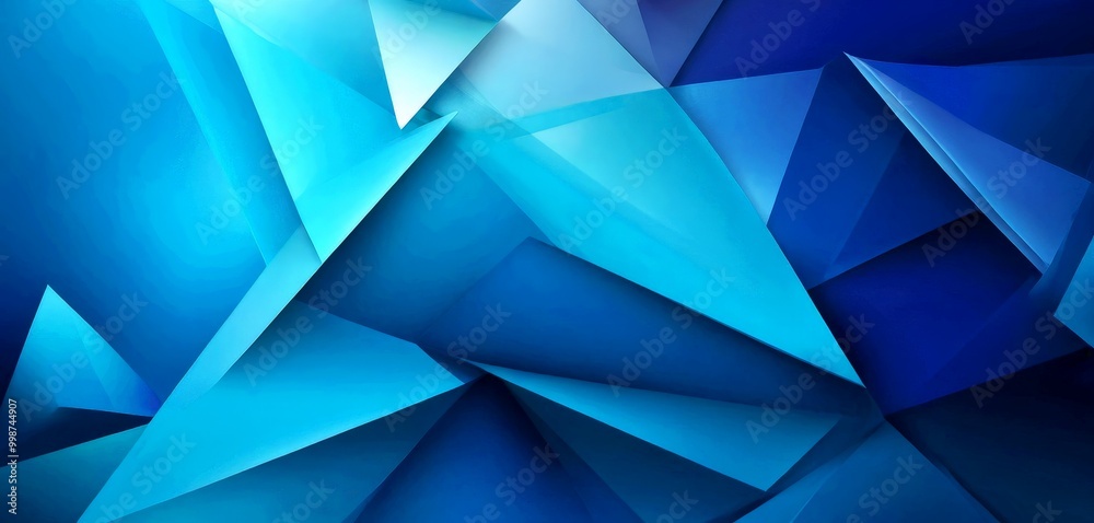 Poster a complex arrangement of blue triangles, creating a visually striking abstract pattern