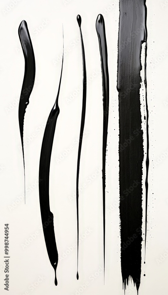 Leinwandbilder Five distinct black paint strokes are arranged vertically, each with a unique shape and direction, creating a dynamic visual effect