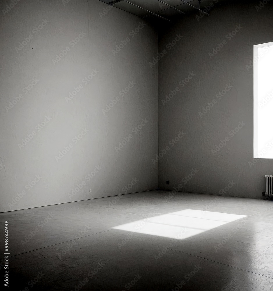 Poster a minimalist black and white photograph large, empty room with a window on the right wall, casting a