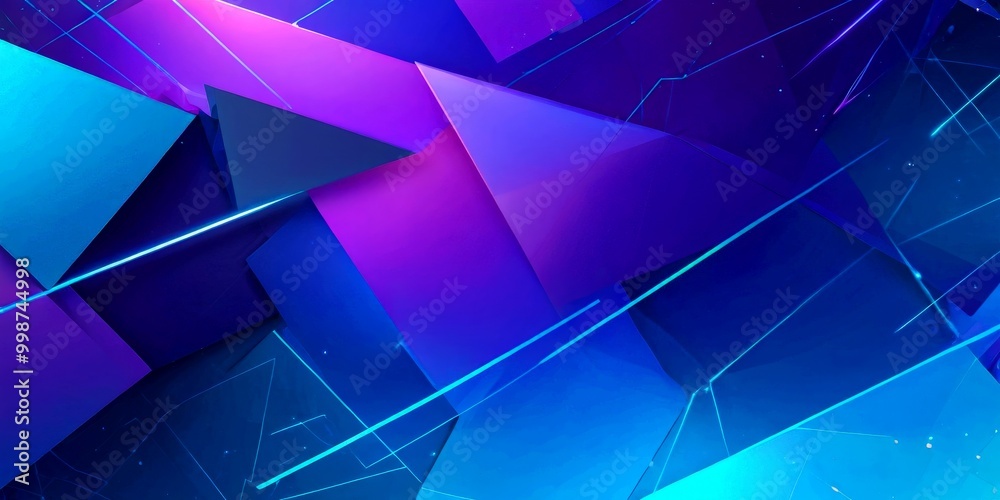 Poster a complex arrangement of overlapping triangular shapes in various shades of blue and purple, with a subtle gradient effect The background is filled with a network of