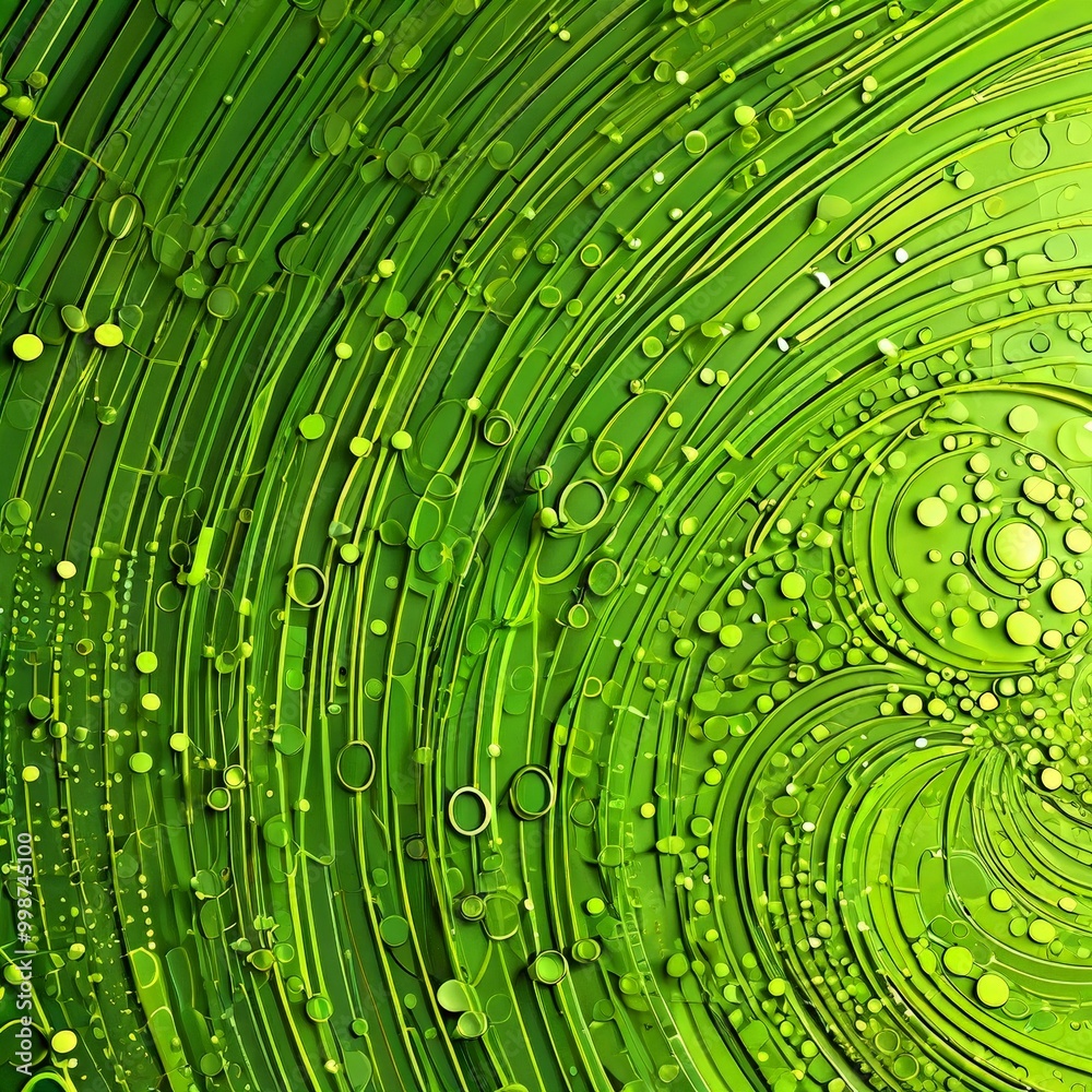 Poster a close-up view green, abstract pattern composed of curved lines and circles, creating a sense of movement and organic growth