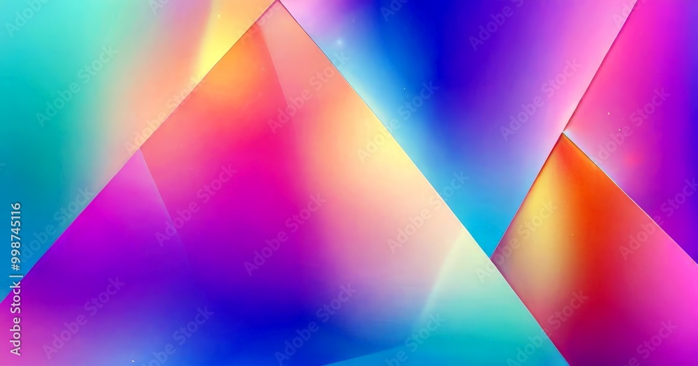 Poster a vibrant abstract composition of overlapping triangular shapes in various shades of pink, blue, and yellow, creating a dynamic and visually striking pattern
