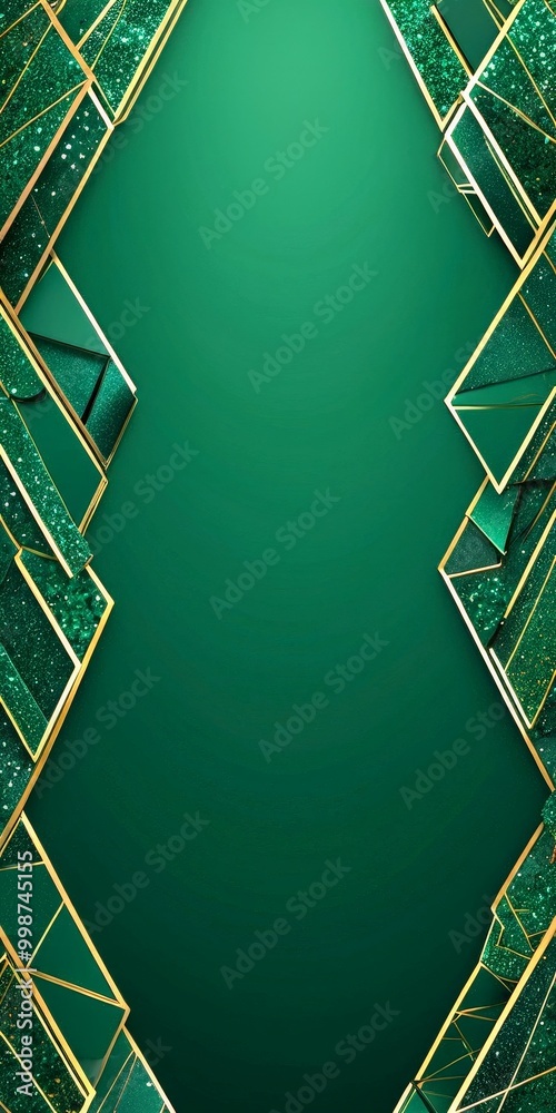 Poster a dark green background with a geometric pattern of intersecting gold lines and shapes, creating a s
