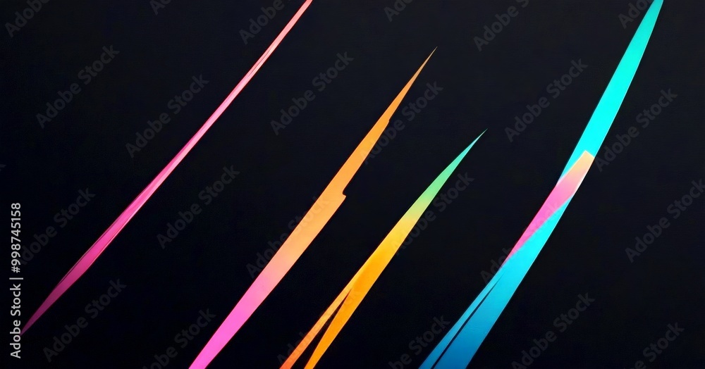 Poster a dark background with three diagonal lines of varying colors: pink, orange, and blue, creating a dynamic and abstract composition