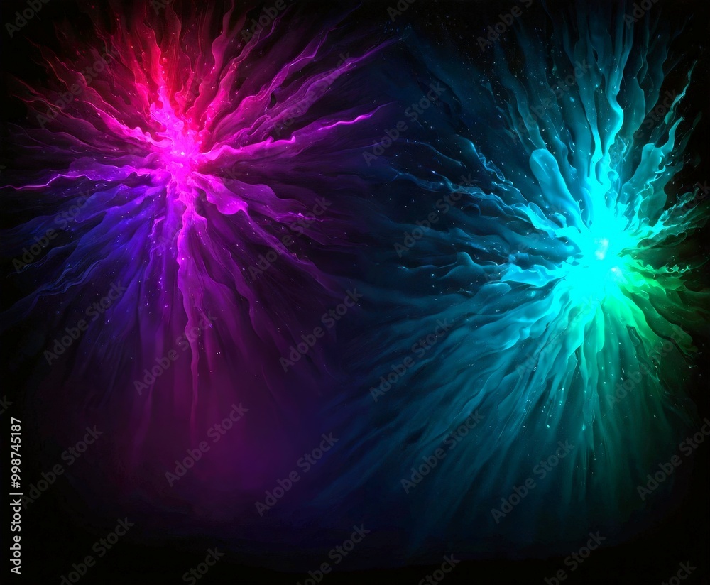 Poster two vibrant, colorful explosions radiating outwards from a central point, creating a dynamic and vis