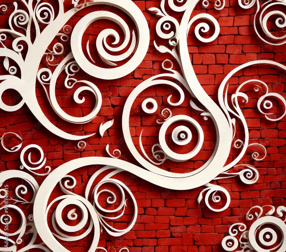 Aufkleber a red brick wall with a repeating pattern of white swirls and curves, creating a visually striking and intricate design