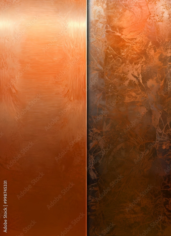 Poster two distinct metallic surfaces, one with a smooth, reflective surface and the other with a textured, dark surface The left side of the features a