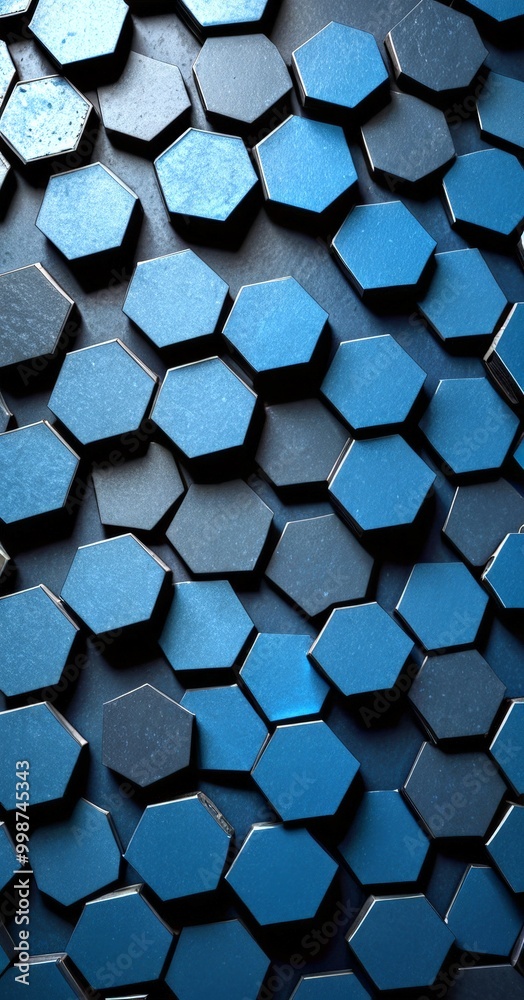 Poster a close-up view pattern of blue hexagonal tiles arranged in a grid-like fashion, creating a visually striking and geometric design