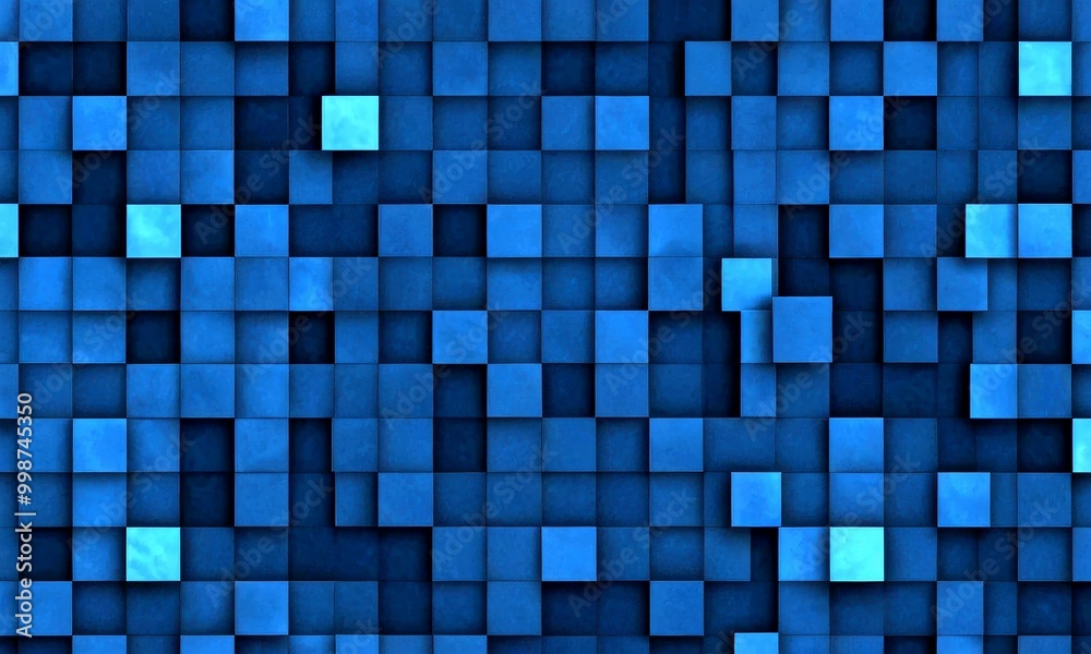 Poster a dark blue background composed of numerous square tiles, each varying in size and color, creating a visually striking and abstract pattern