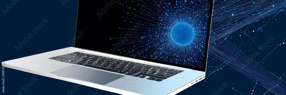 Poster A laptop with a black screen displaying a blue sphere surrounded by radiating lines, set against a dark blue background with a network of interconnected lines.