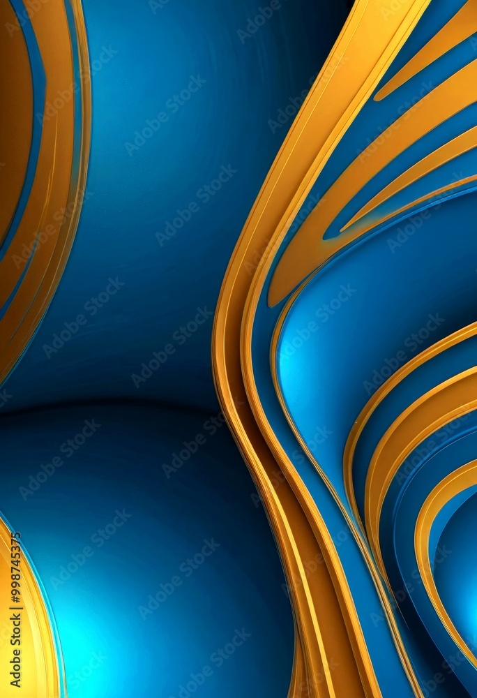 Poster a striking abstract composition of curved lines in blue and gold, creating a sense of movement and dynamism
