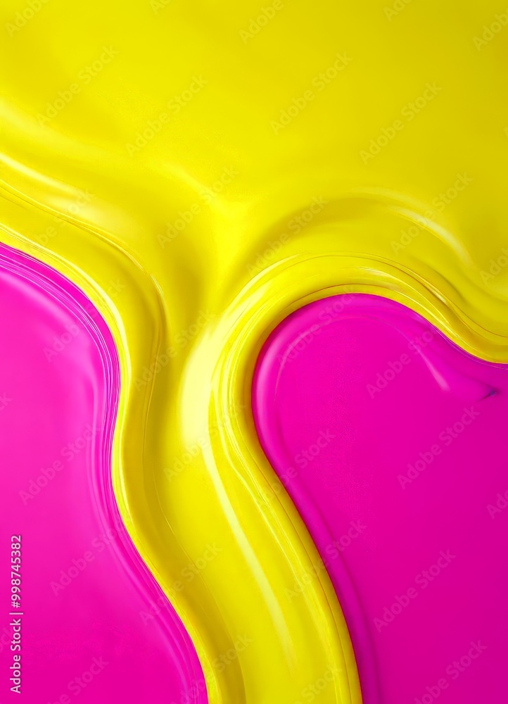 Poster a vibrant abstract composition of two curved lines, one in a bright yellow hue and the other in a deep pink color, creating a dynamic and visually striking effect