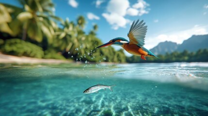 A kingfisher bird diving into clear water to catch a fish in its beak set in the serene landscape