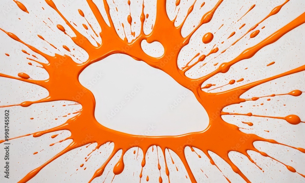 Poster a large, abstract splash of orange paint against a white background The paint appears to be dripping and spreading outwards, creating a dynamic and energetic visual effect