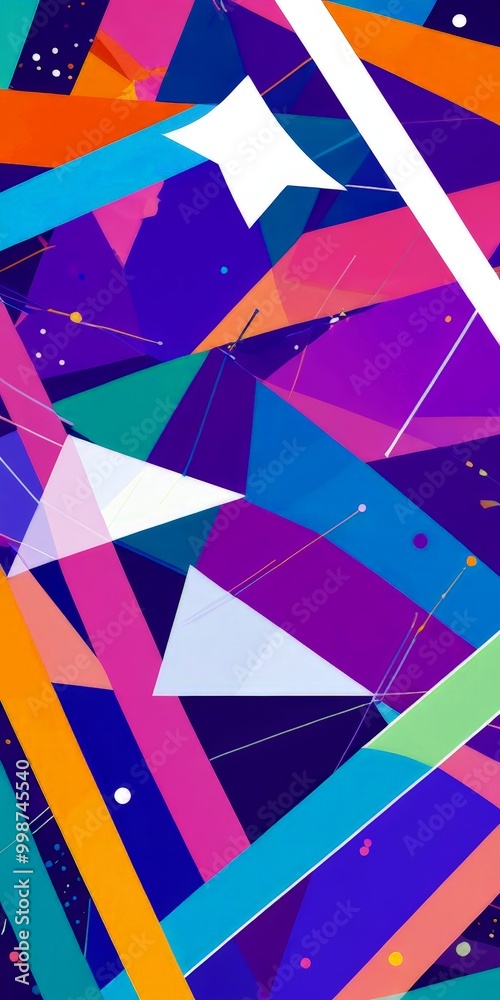 Aufkleber a vibrant abstract composition featuring a variety of geometric shapes and lines in a range of colors, including shades of blue, purple, orange, and pink