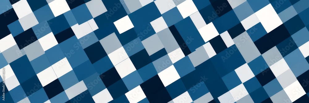 Poster a geometric pattern composed of overlapping square tiles in various shades of blue and white, creating a visually striking and abstract design