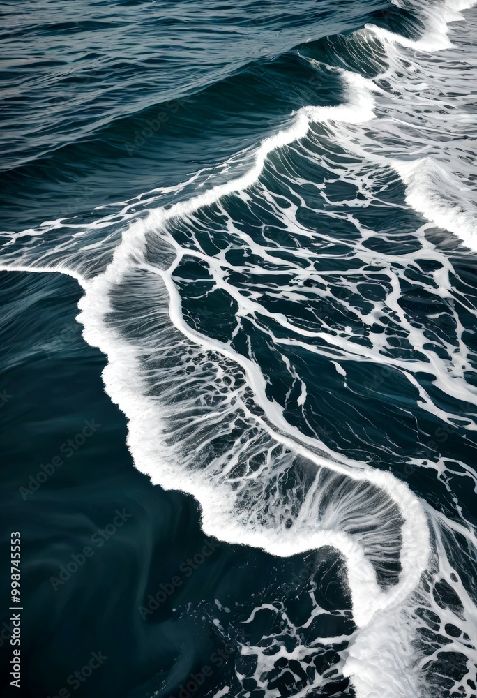 Poster the captures the dynamic movement of ocean waves, with the crest wave breaking over the dark blue-gr