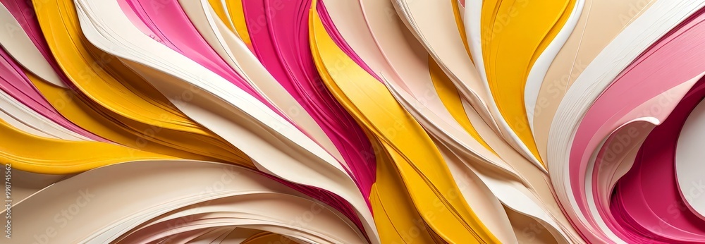 Poster a close-up view vibrant abstract composition featuring overlapping curved lines in various shades of pink, yellow, and white, creating a dynamic and visually striking pattern