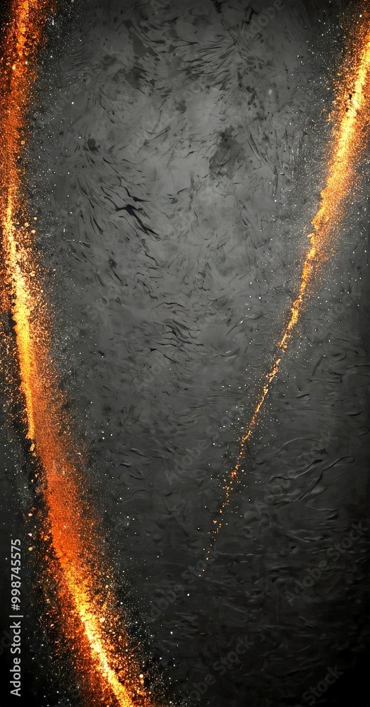 Poster a dark, textured surface with a striking contrast of orange and black lines and particles, creating a sense of depth and movement
