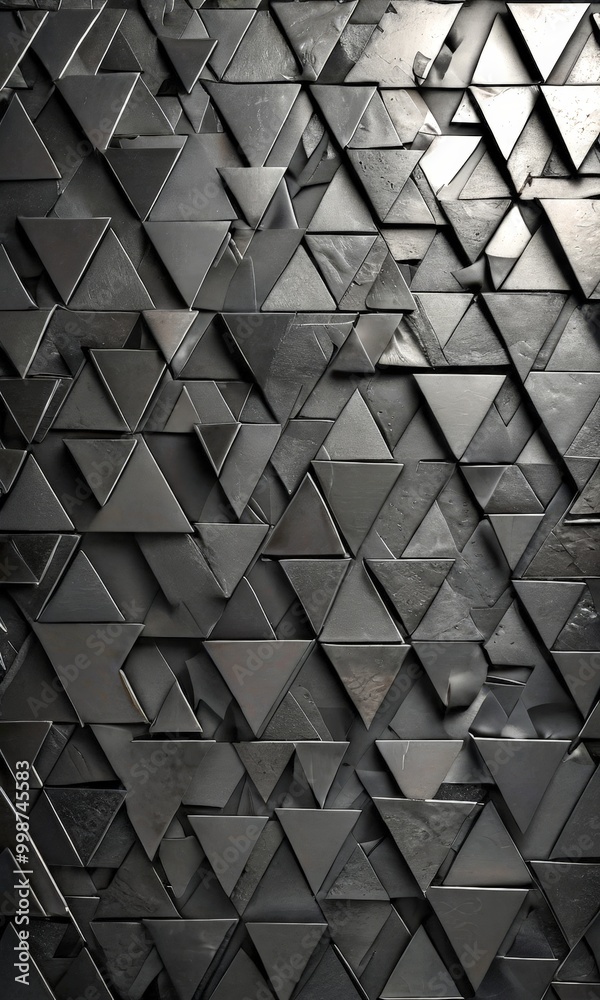 Poster a close-up view wall composed of numerous triangular tiles arranged in a repeating pattern The tiles are black and have a rough texture, creating a visually striking