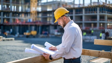 A construction foreman in a yellow hard hat, looking over blueprints with a blurred construction site and workers in the background