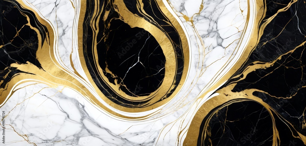 Poster a marble surface with a striking abstract pattern of black and white swirls and gold lines